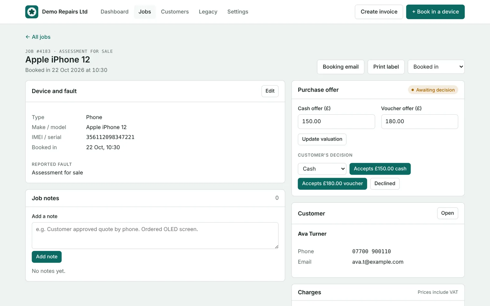 Purchase offer on a booked-in iPhone, with cash and voucher options