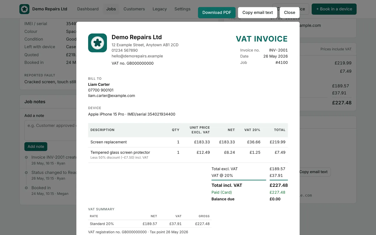 VAT invoice with net, VAT and total per line and a VAT summary