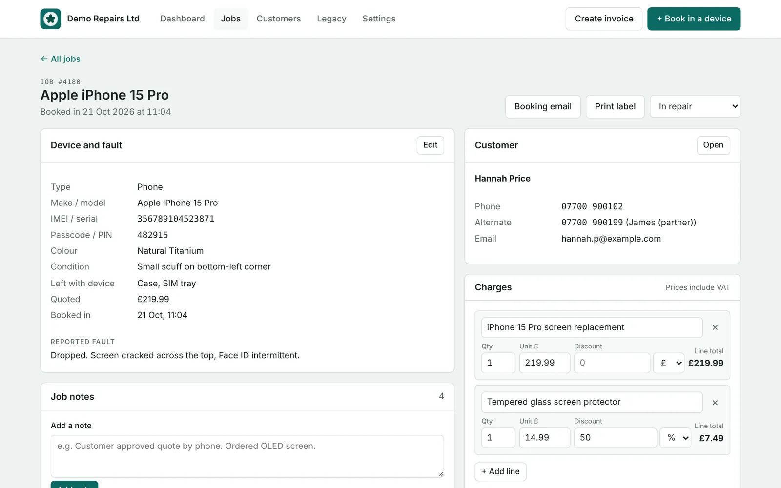Job page showing device details, PIN, notes and charges with a line discount