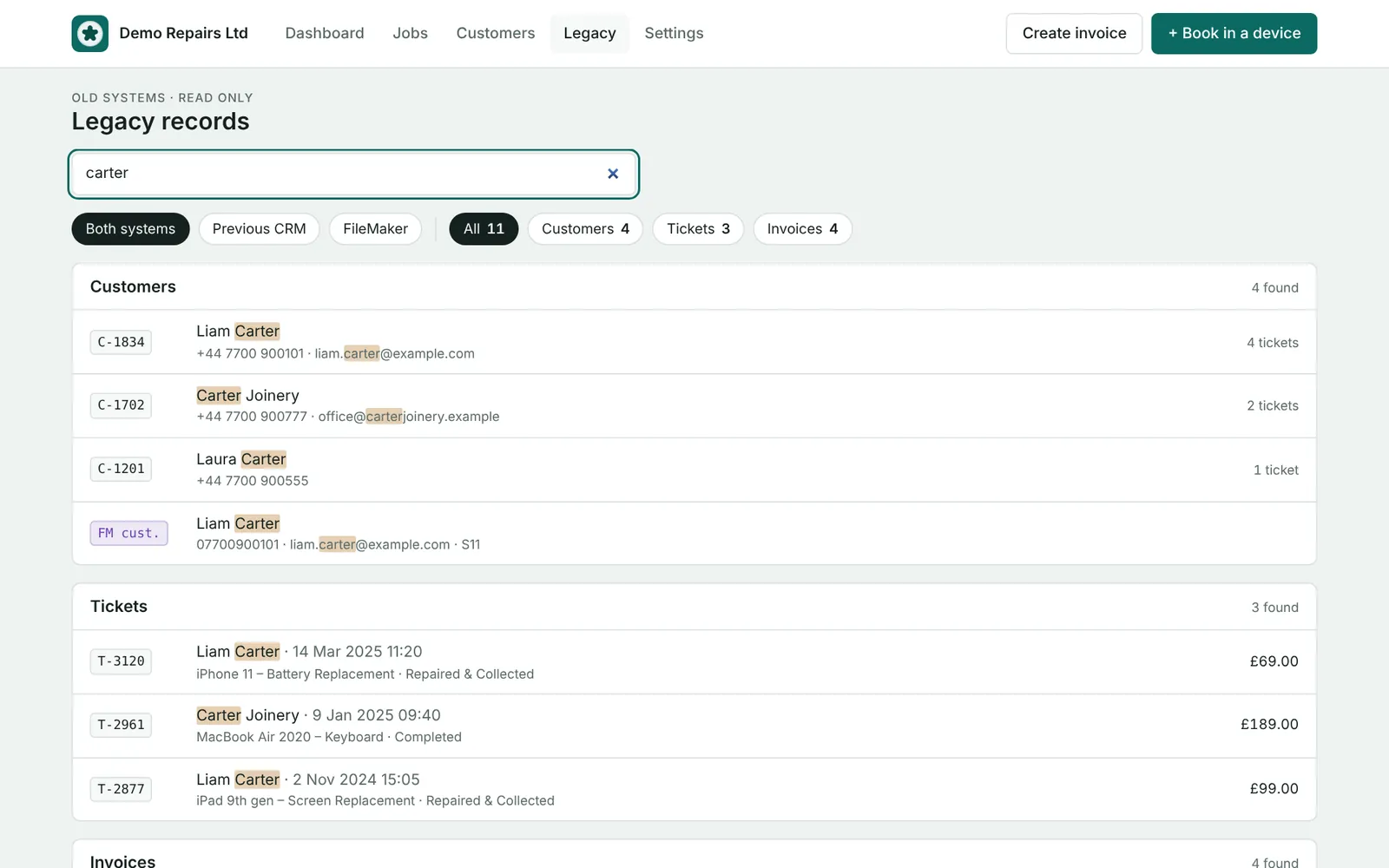 Legacy search across two old systems showing customers, tickets and invoices